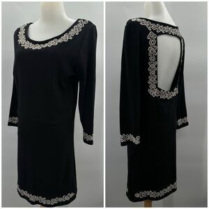 Free People Stretch Knit Backless Sheath Dress Embroidered Black Large Fitted